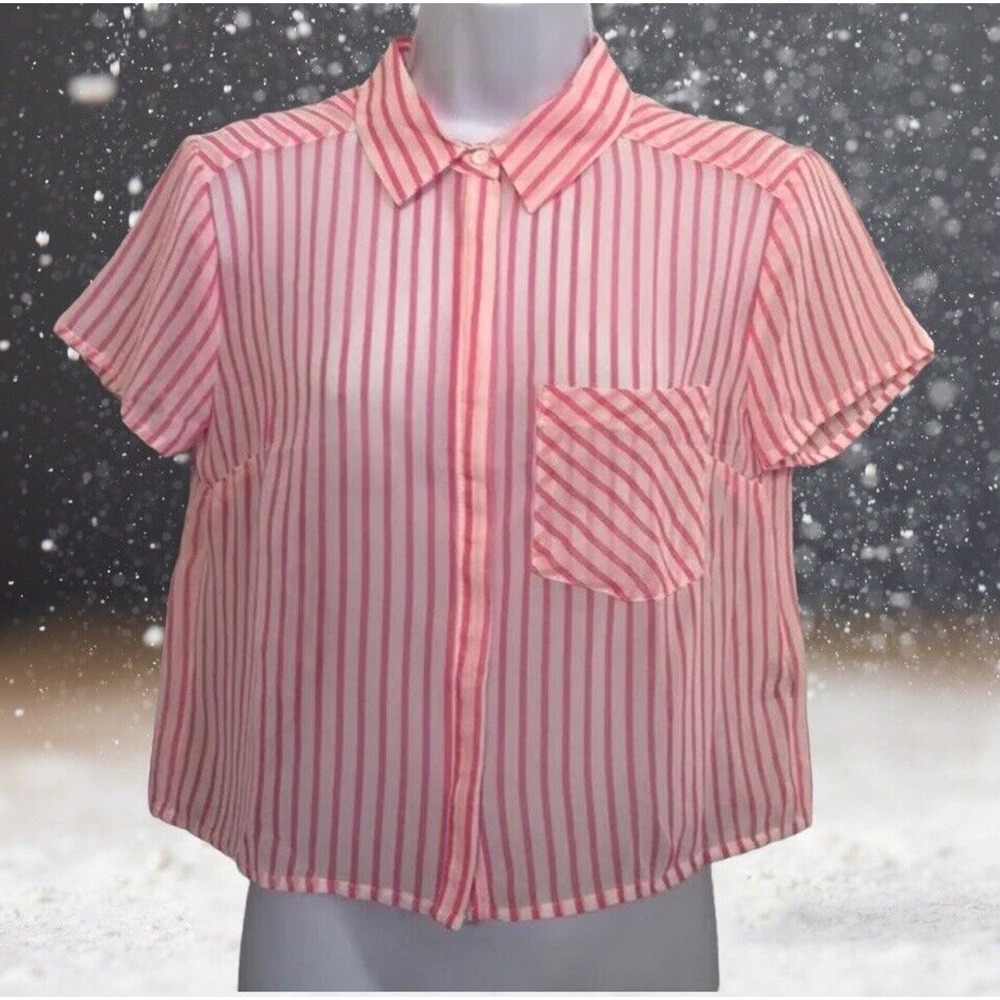Timing Hot Pink Sheer Striped Button Down Crop Top Junior Size L Women’s